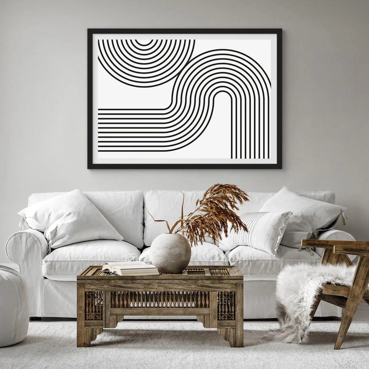 Poster in einem schwarzem Rahmen - Ein abstraktes Gemälde mit schwarzen Linien, die geometrische Muster auf weißem Hintergrund erzeugen. - 100x70cm - An der Kurve - Moderne Wanddekoration für Wohnzimmer und Schlafzimmer ARTTOR