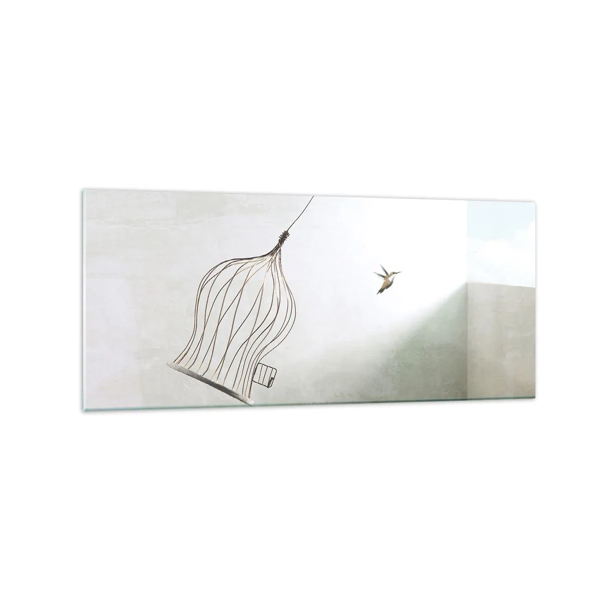 Glasbild - Bild auf glas - Ein aus einem Käfig befreiter Vogel vor dem Hintergrund eines hellen Himmels - 120x50cm - In seinem Element - Moderne Wanddekoration für Wohnzimmer und Schlafzimmer ARTTOR