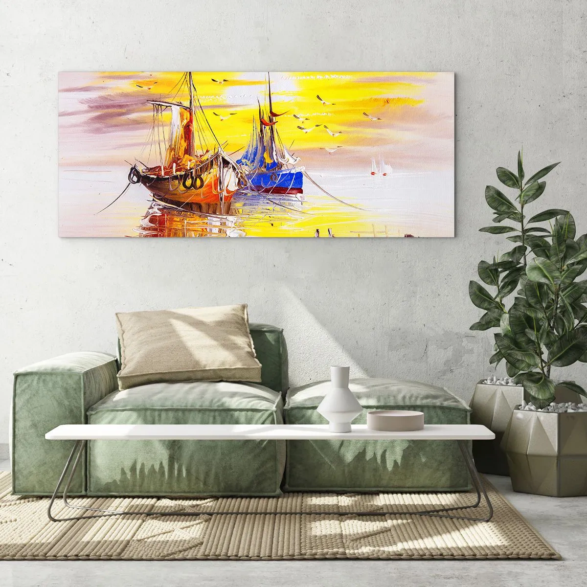 Glasbild - Bild auf glas - Eine malerische Szene von Booten auf ruhiger See - 140x50cm - Eine wohlverdiente Pause im Hafen - Moderne Wanddekoration für Wohnzimmer und Schlafzimmer ARTTOR