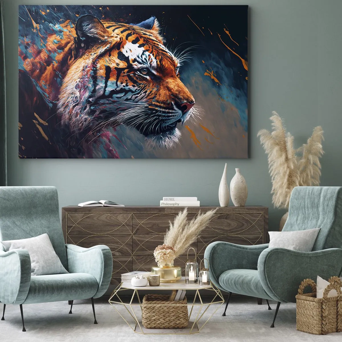 Bild auf Leinwand - Leinwandbild - Portrait eines Tigers in dynamischen, abstrakten Farben - 120x80cm - Wilde Schönheit - Moderne Wanddekoration für Wohnzimmer und Schlafzimmer ARTTOR