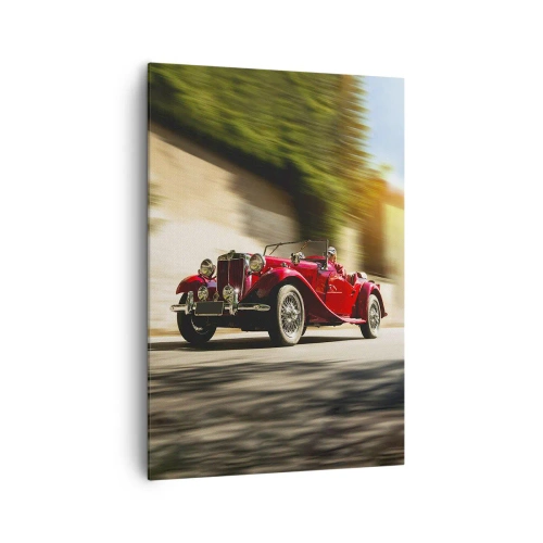 Bild auf Leinwand - Leinwandbild - Roter Oldtimer in Bewegung auf einer sonnigen Straße - 70x100cm - Schöner als Nike von Samothrake - Moderne Wanddekoration für Wohnzimmer und Schlafzimmer ARTTOR