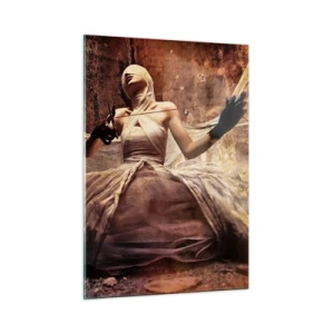 Glasbild - Bild auf glas - Eine Frauenfigur in künstlerischer Inszenierung mit Stoffen - 50x70cm - Göttin des Schicksals - Moderne Wanddekoration für Wohnzimmer und Schlafzimmer ARTTOR