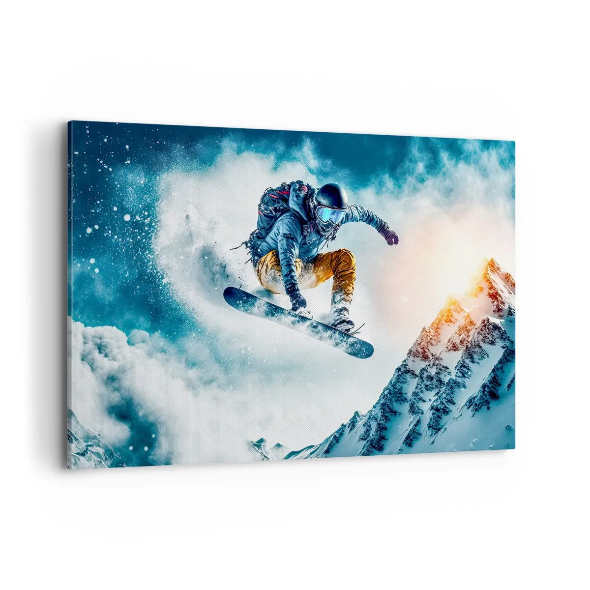 Bild auf Leinwand - Leinwandbild - Ein Snowboarder fliegt über schneebedeckte Berge - 100x70cm - Extreme Emotionen - Moderne Wanddekoration für Wohnzimmer und Schlafzimmer ARTTOR