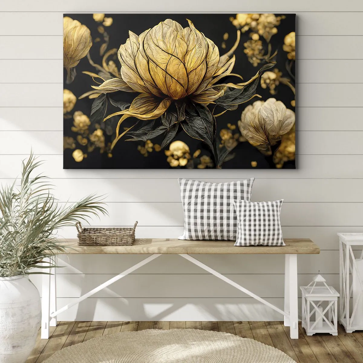 Bild auf Leinwand - Leinwandbild - Goldene Blume auf dunklem Hintergrund - 70x50cm - Subtile Zerbrechlichkeit - Moderne Wanddekoration für Wohnzimmer und Schlafzimmer ARTTOR