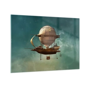 Glasbild - Bild auf glas - Ein fliegendes Luftschiff mit einem Haus im Retro-Stil am Himmel - 70x50cm - Jules Verne sagt Hallo - Moderne Wanddekoration für Wohnzimmer und Schlafzimmer ARTTOR