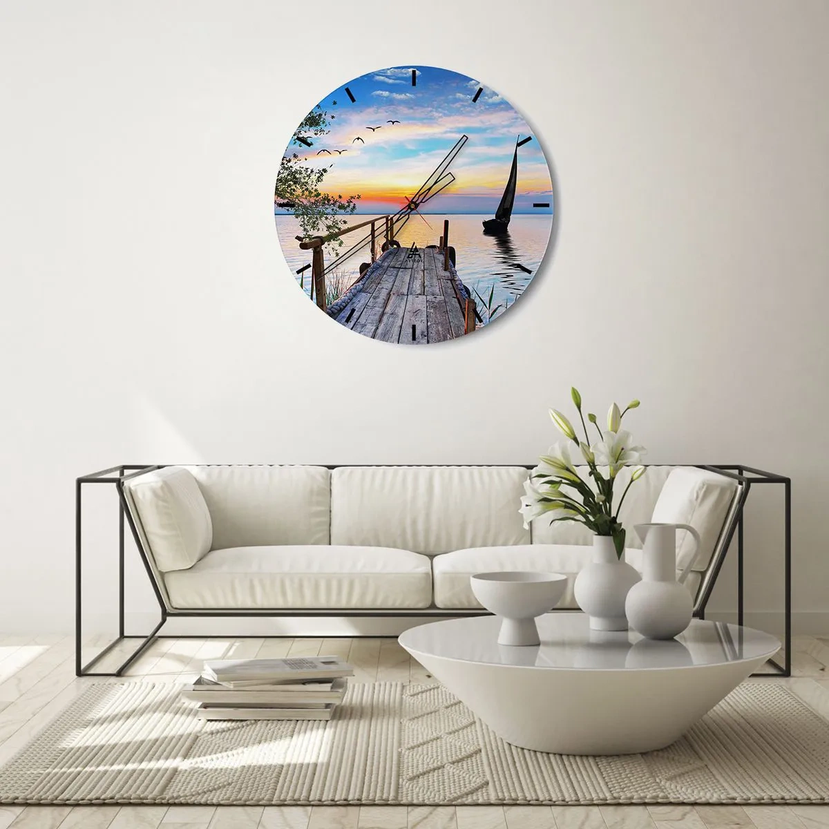 Wanduhr - Glasuhr - Ein Pier über dem See im Licht der untergehenden Sonne - 30x30cm - Guten Abend - Moderne Wanddekoration für Wohnzimmer, Küche und Schlafzimmer ARTTOR