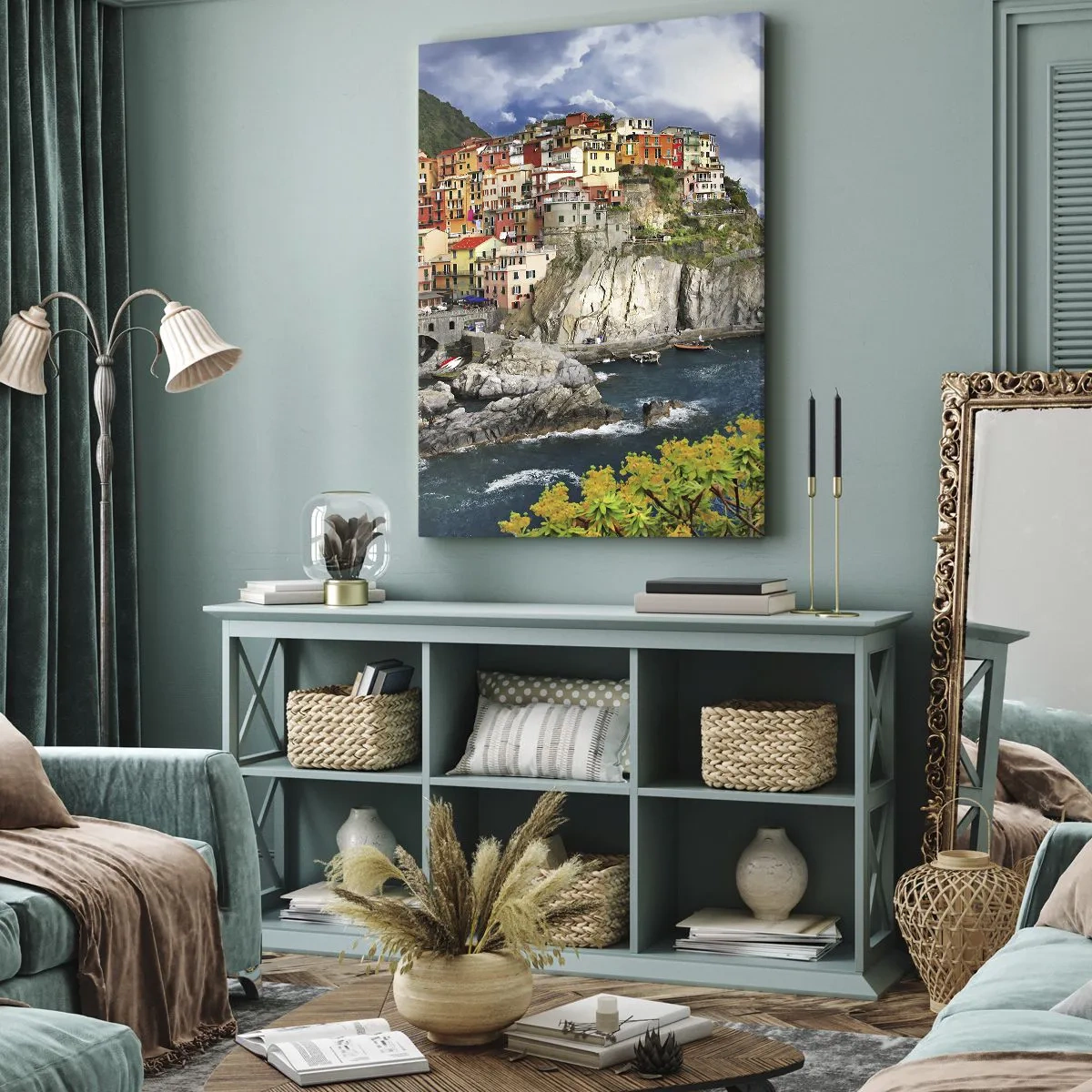 Bild auf Leinwand - Leinwandbild - Bunte Häuser auf einer Klippe mit Blick auf das Meer in Cinque Terre - 50x70cm - Eine Gruppe umarmt die Felsen - Moderne Wanddekoration für Wohnzimmer und Schlafzimmer ARTTOR