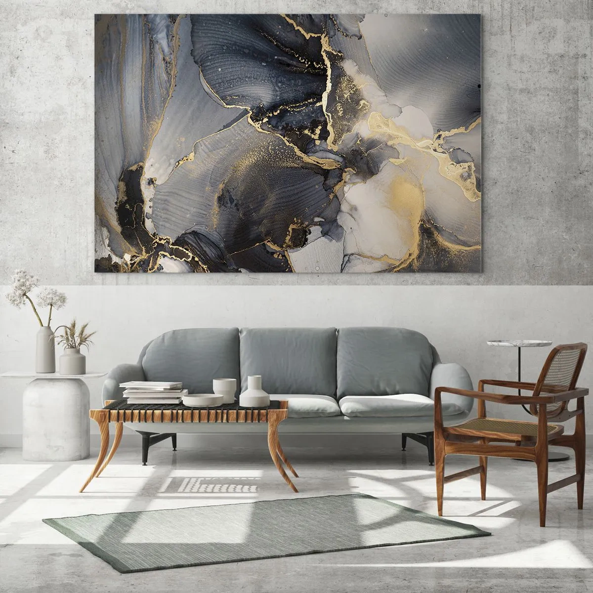 Glasbild - Bild auf glas - Dunkle Abstraktion mit Marmoreffekt und goldenen Adern - 120x80cm - Leben aus Stein - Moderne Wanddekoration für Wohnzimmer und Schlafzimmer ARTTOR