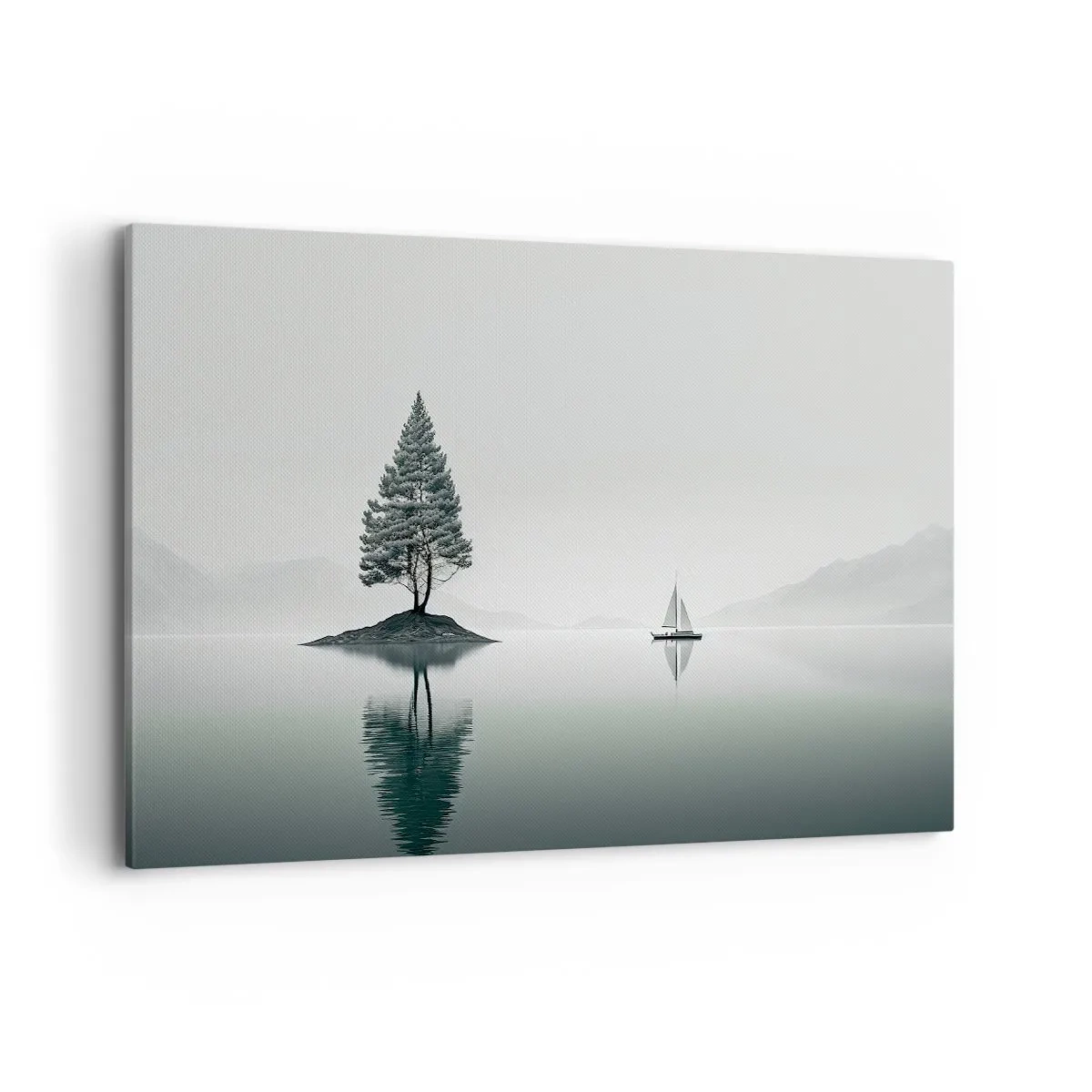 Bild auf Leinwand - Leinwandbild - Eine minimalistische Landschaft mit einem Baum auf einer Insel und einem Segelboot. - 120x80cm - Traum - Moderne Wanddekoration für Wohnzimmer und Schlafzimmer ARTTOR