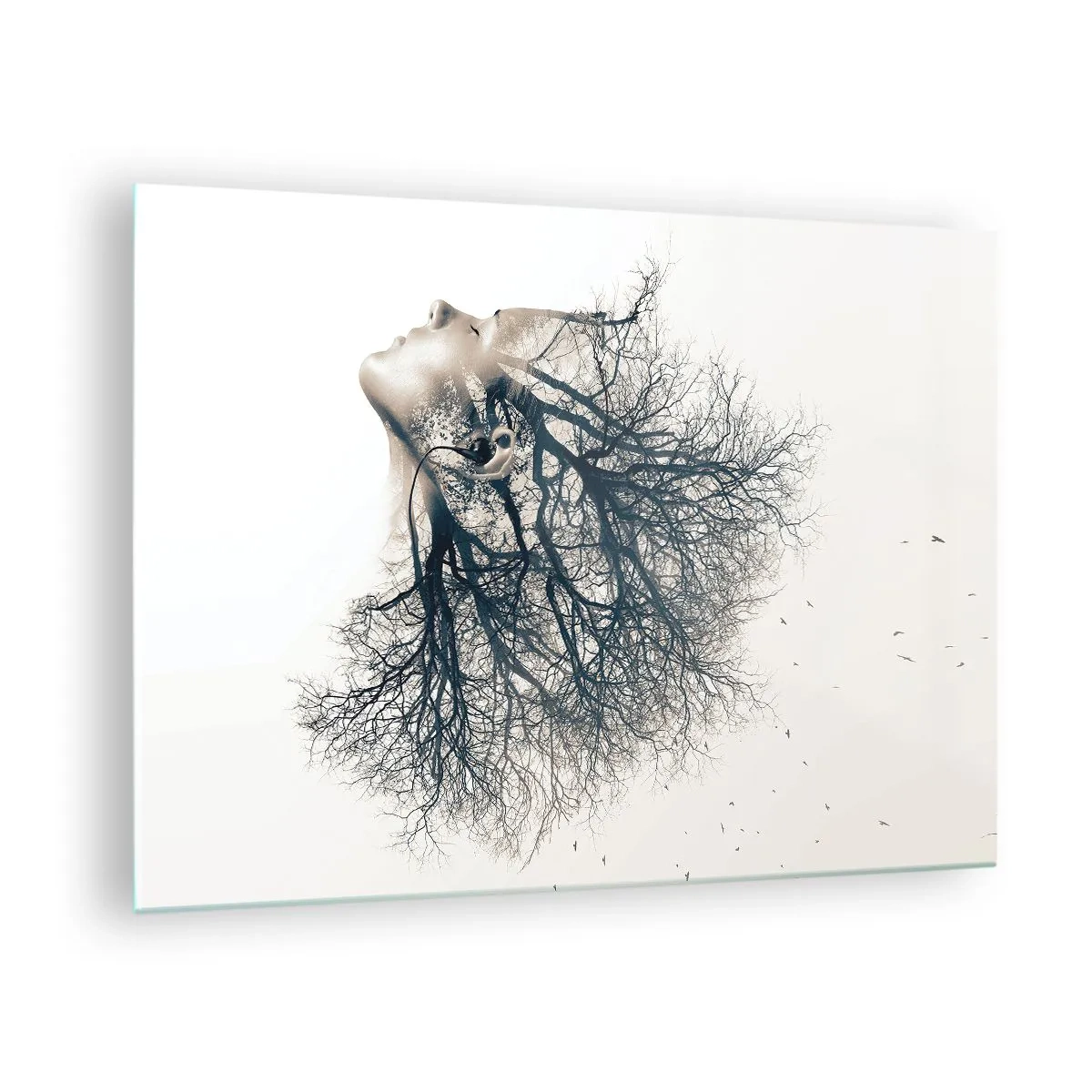 Glasbild - Bild auf glas - Silhouette einer Frau mit Zweigen als Haar - 70x50cm - Dem Rauschen der Bäume lauschen - Moderne Wanddekoration für Wohnzimmer und Schlafzimmer ARTTOR