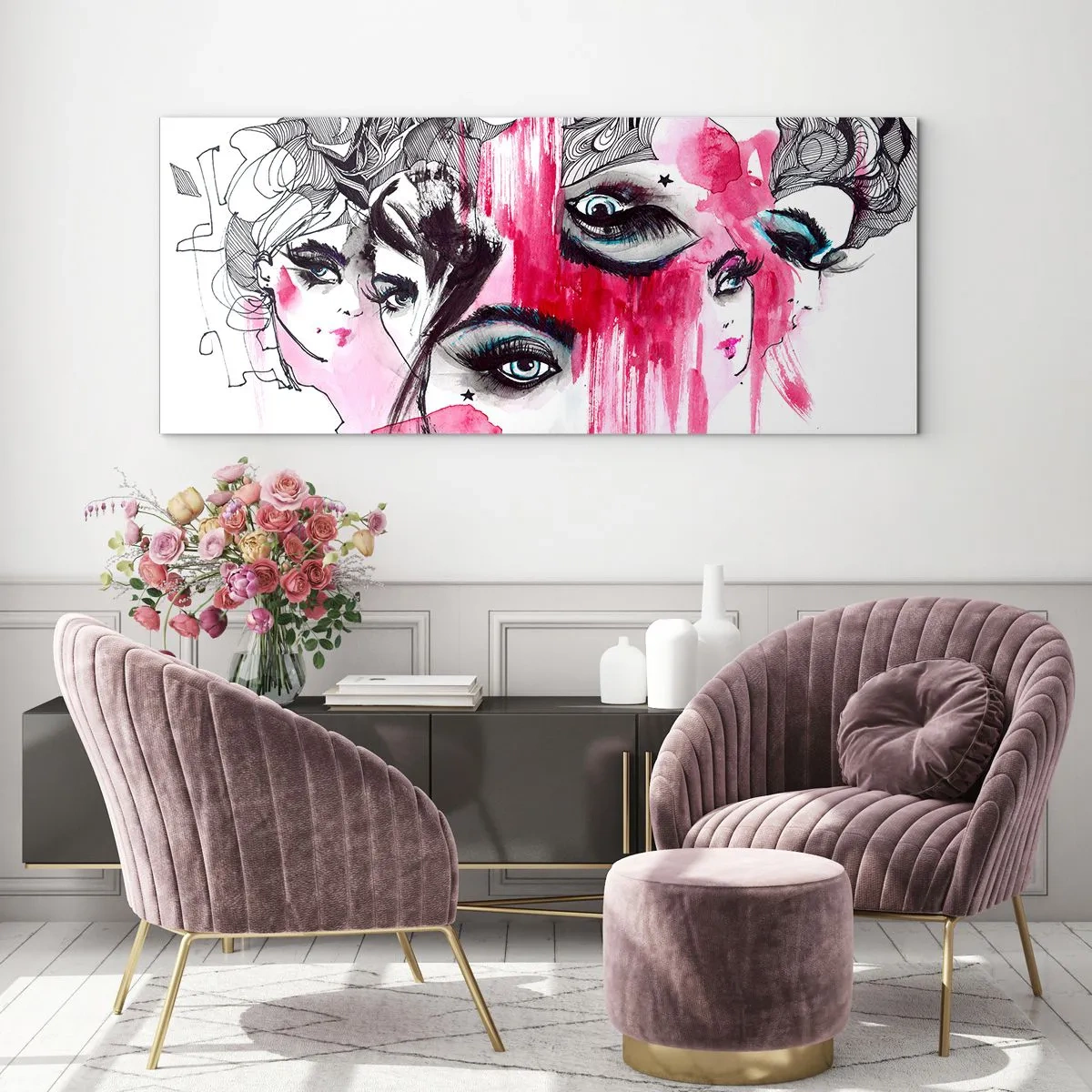 Glasbild - Bild auf glas - Abstraktes Gesicht in Rosa- und Schwarztönen - 140x50cm - Abstrakte Augen - Moderne Wanddekoration für Wohnzimmer und Schlafzimmer ARTTOR
