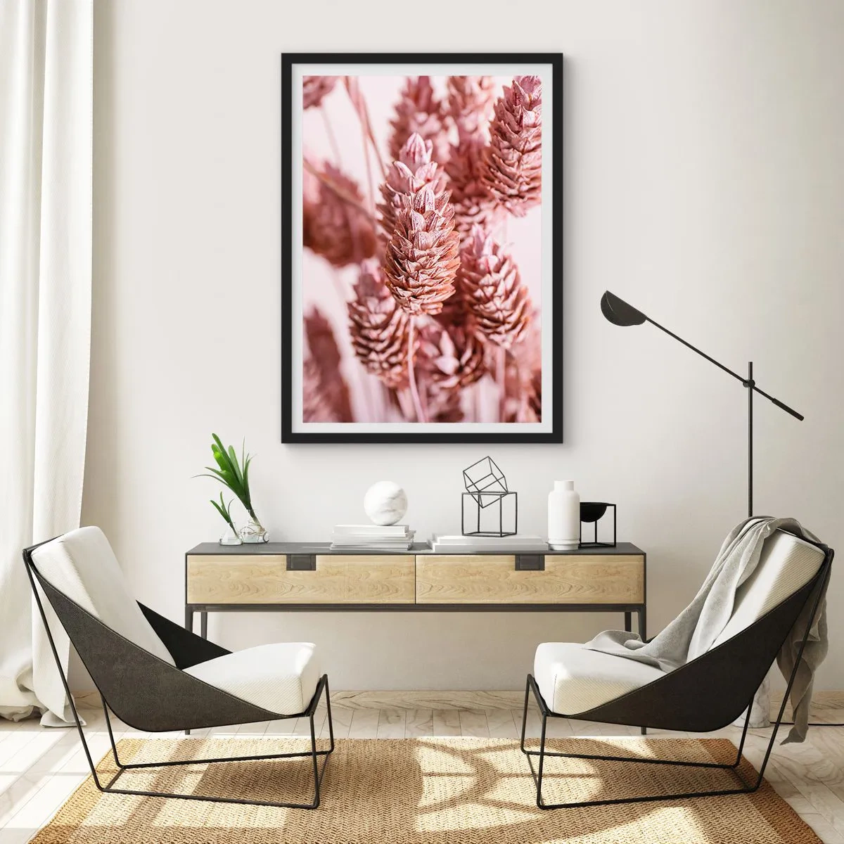 Poster in einem schwarzem Rahmen - Nahaufnahme von getrockneten Blumen in Rosatönen - 50x70cm - Scheinbar unauffällig - Moderne Wanddekoration für Wohnzimmer und Schlafzimmer ARTTOR