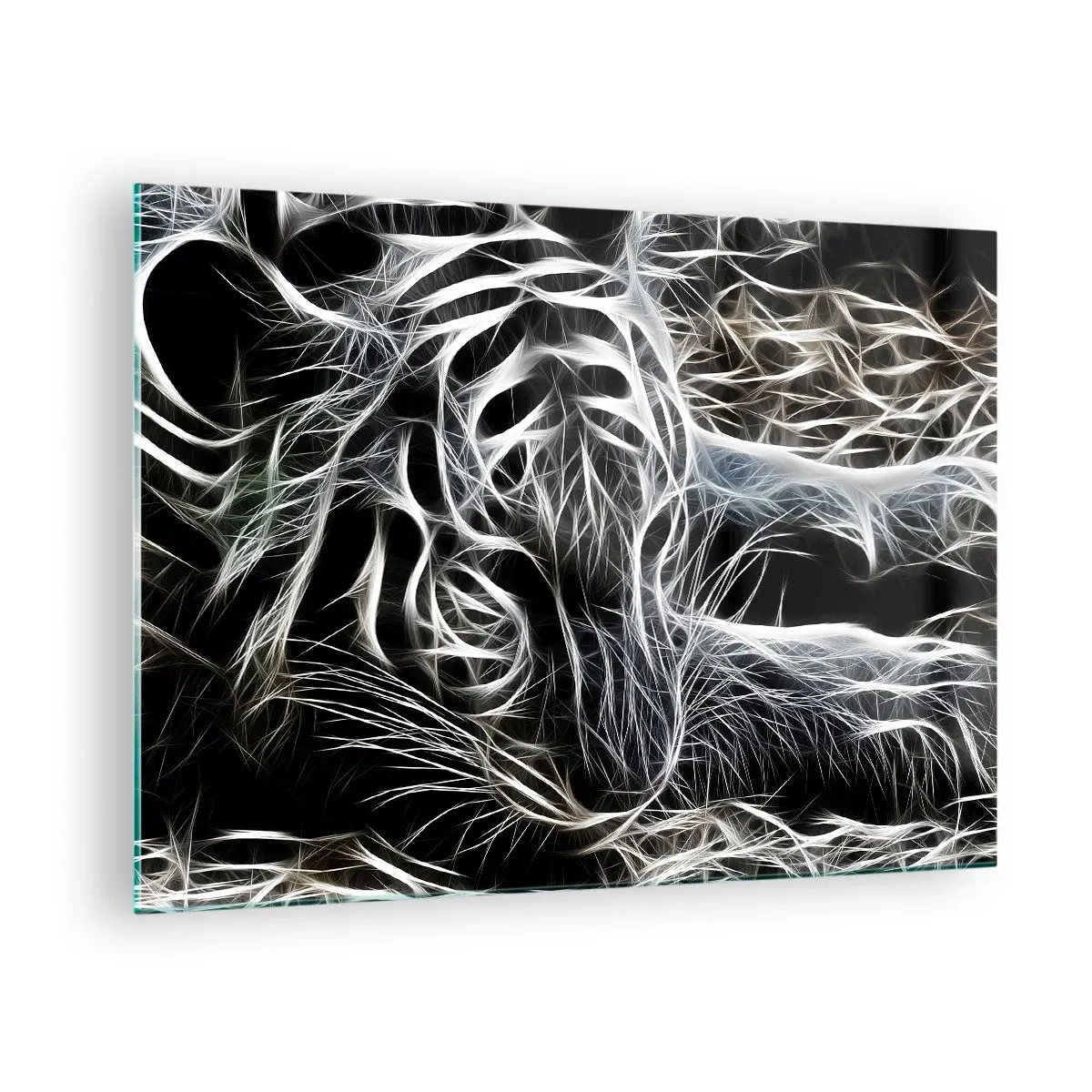 Glasbild - Bild auf glas - Abstrakter Tiger in leuchtenden Linien auf schwarzem Hintergrund - 70x50cm - Eine Studie über die Leichtigkeit der Katze - Moderne Wanddekoration für Wohnzimmer und Schlafzimmer ARTTOR