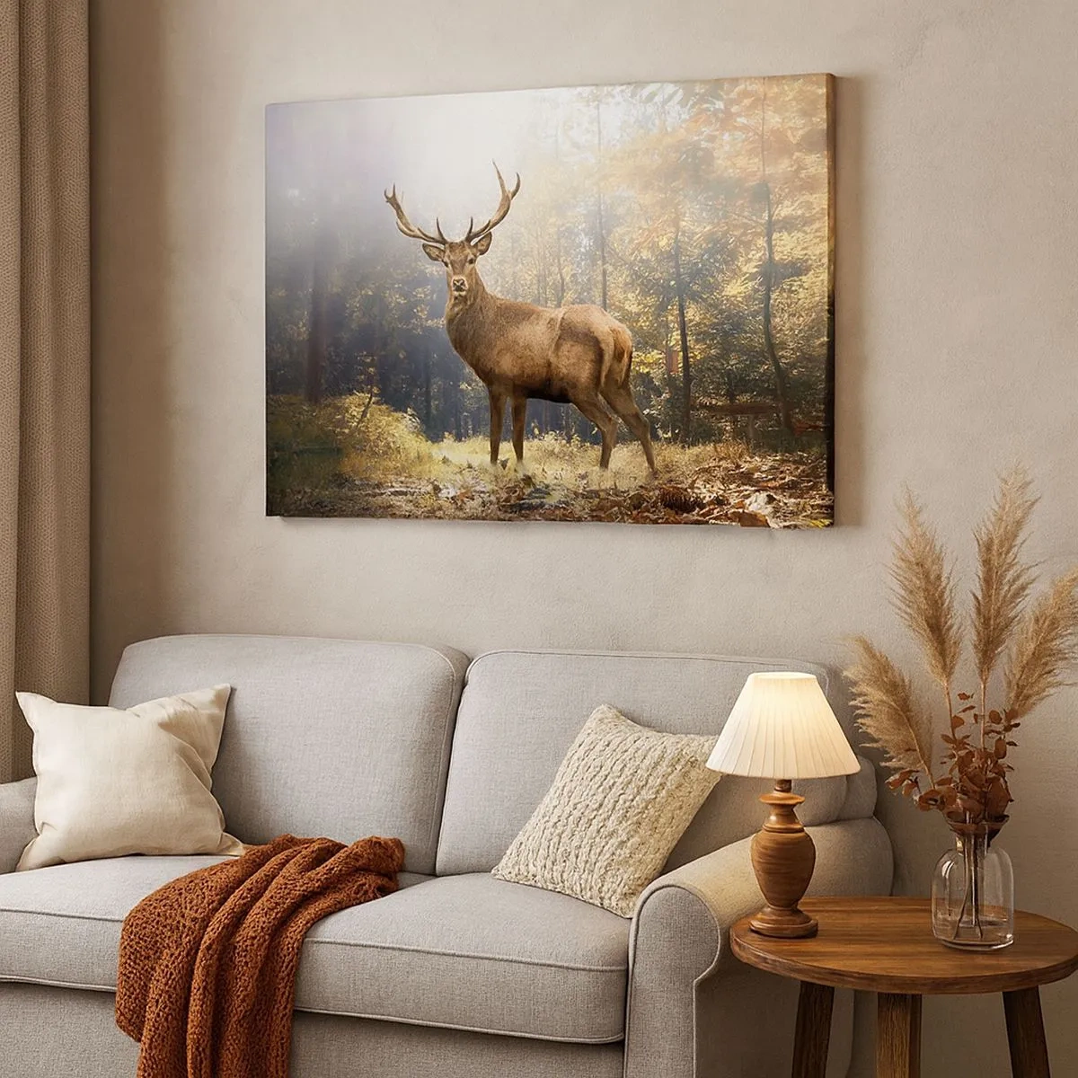 Bild auf Leinwand - Leinwandbild - Hirsch im herbstlichen Wald mit Sonnenstrahlen - 70x50cm - In voller Majestät - Moderne Wanddekoration für Wohnzimmer und Schlafzimmer ARTTOR