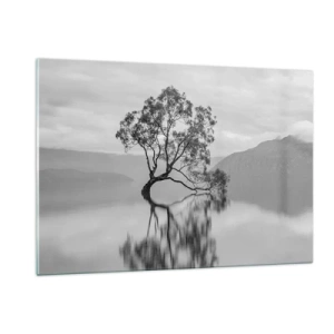 Glasbild - Bild auf glas - Ein einsamer Baum auf dem Wasser in einer schwarz-weißen Landschaft - 120x80cm - Es gibt so ein Land - Moderne Wanddekoration für Wohnzimmer und Schlafzimmer ARTTOR