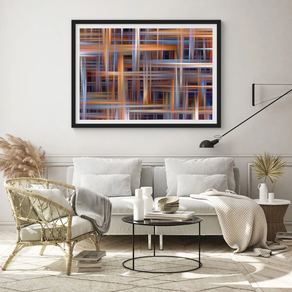 Poster in einem schwarzem Rahmen - Abstrakte geometrische Muster in Pastellfarben - 70x50cm - Aus Licht gewebt - Moderne Wanddekoration für Wohnzimmer und Schlafzimmer ARTTOR