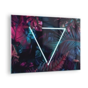 Glasbild - Bild auf glas - Ein Neondreieck, umgeben von tropischen Pflanzen in Rosa- und Blautönen. - 70x50cm - Garten im Disco-Stil - Moderne Wanddekoration für Wohnzimmer und Schlafzimmer ARTTOR