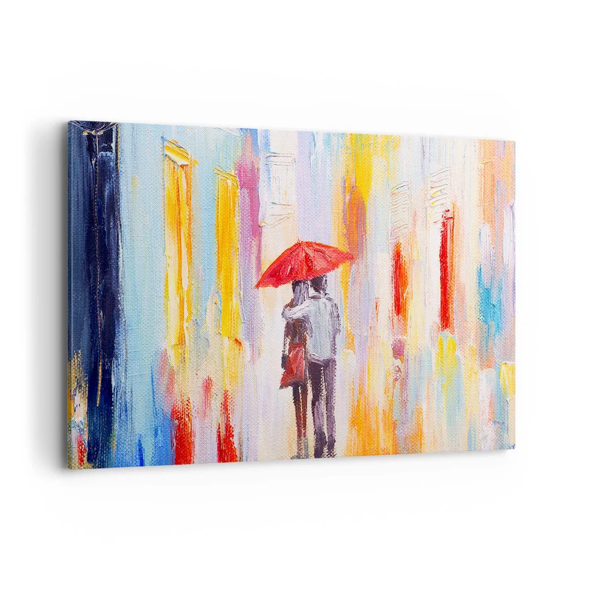 Bild auf Leinwand - Leinwandbild - Ein Paar unter einem roten Regenschirm mit bunten Gebäuden im Hintergrund. - 120x80cm - Lass es weiter regnen - Moderne Wanddekoration für Wohnzimmer und Schlafzimmer ARTTOR