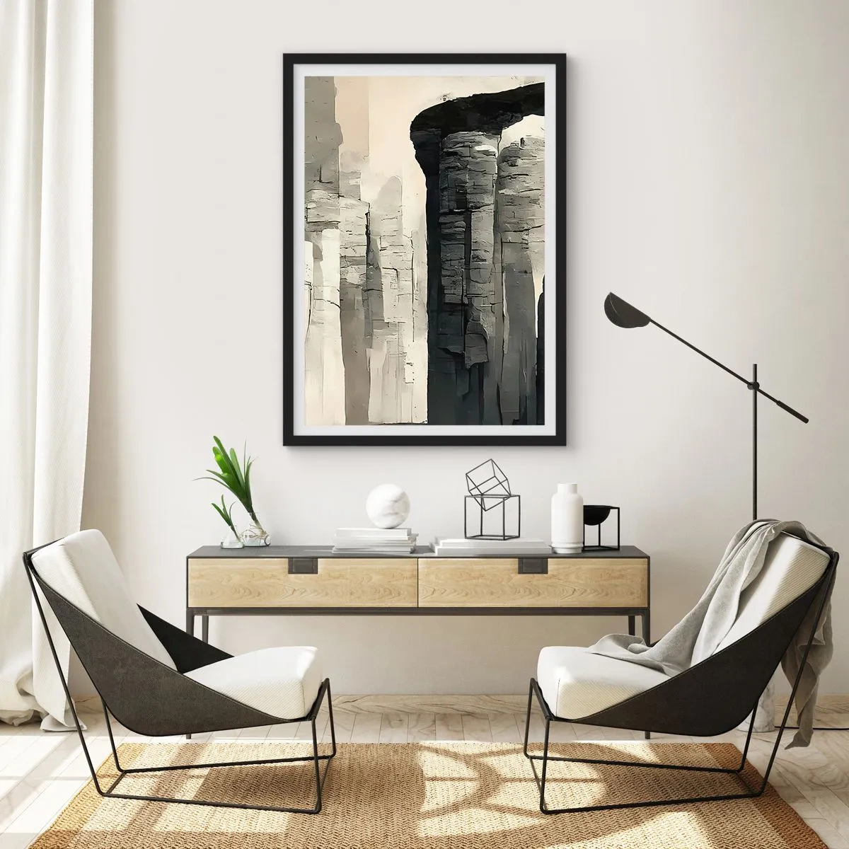 Poster in einem schwarzem Rahmen - Monumentale Felsformationen in Grautönen - 50x70cm - Majestät der Antike - Moderne Wanddekoration für Wohnzimmer und Schlafzimmer ARTTOR