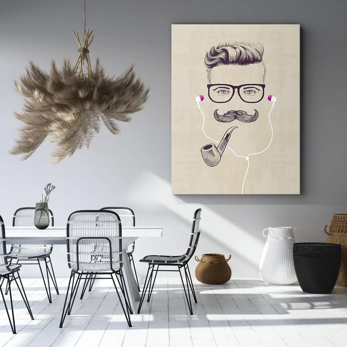 Bild auf Leinwand - Leinwandbild - Retro-Porträt eines Mannes mit Pfeife, Kopfhörer und Brille - 50x70cm - Ein echter Mann? - Moderne Wanddekoration für Wohnzimmer und Schlafzimmer ARTTOR