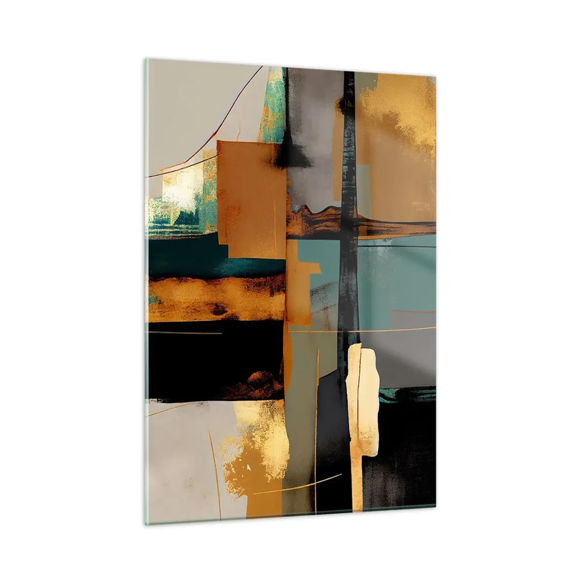 Glasbild - Bild auf glas - Moderne Abstraktion mit kontrastierendem Gold, Schwarz und Türkis - 50x70cm - Abstraktion – Licht und Schatten - Moderne Wanddekoration für Wohnzimmer und Schlafzimmer ARTTOR