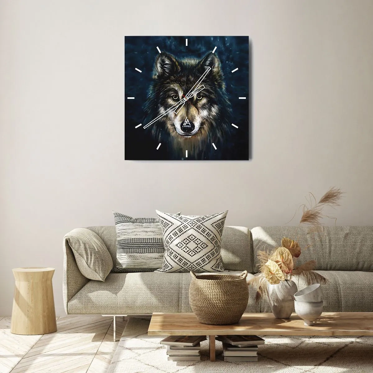 Wanduhr - Glasuhr - Porträt eines Wolfes auf dunkelblauem Hintergrund - 30x30cm - Alpha? Und Omega - Moderne Wanddekoration für Wohnzimmer und Schlafzimmer ARTTOR