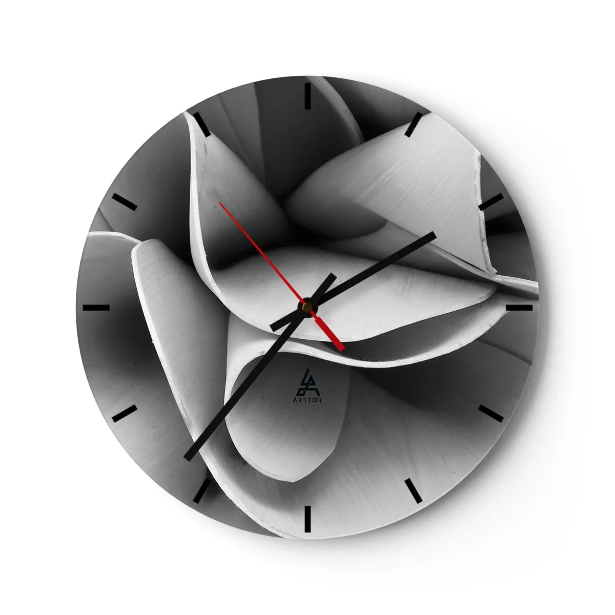 Wanduhr - Glasuhr - Eine Nahaufnahme einer schwarz-weißen Form, die einer abstrakten Blume ähnelt. - 30x30cm - Es passiert im Weltraum - Moderne Wanddekoration für Wohnzimmer, Küche und Schlafzimmer ARTTOR