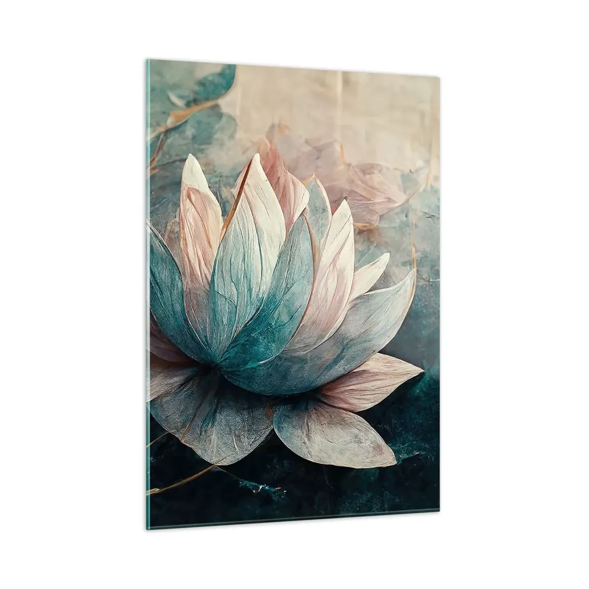 Glasbild - Bild auf glas - Künstlerische Darstellung von Lotusblumen vor einem Hintergrund aus Wasserblättern. - 50x70cm - Seesterne - Moderne Wanddekoration für Wohnzimmer und Schlafzimmer ARTTOR