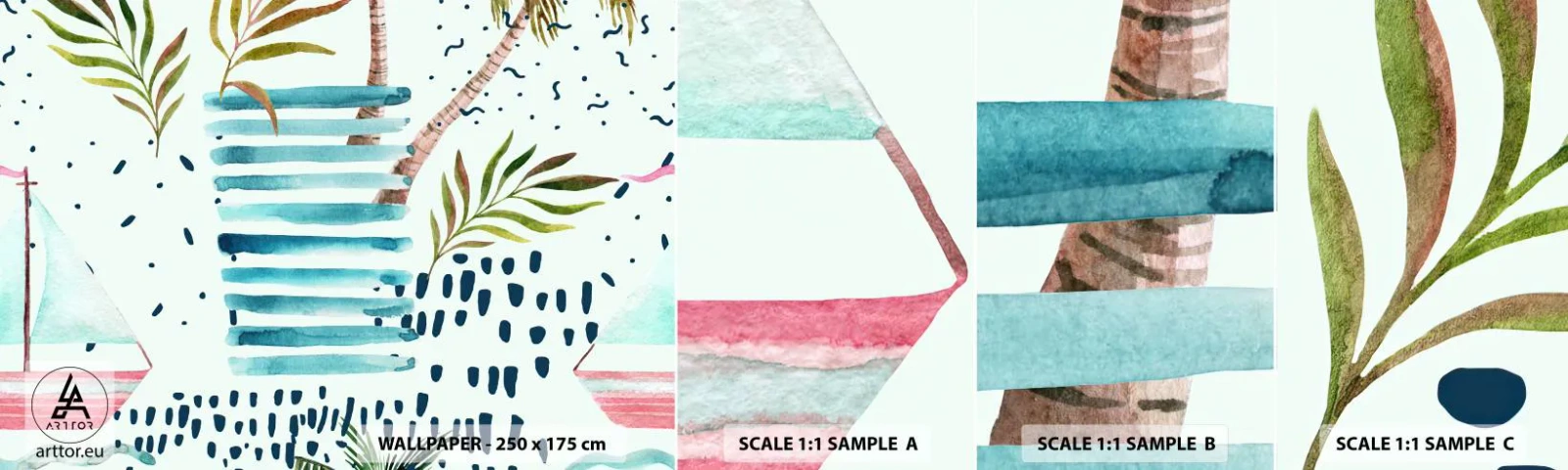 Fototapetenmuster Standard Eco - Urlaub unter Palmen - Aquarelle, Kokusnuss-Palme, Segelboot - 100x30 cm