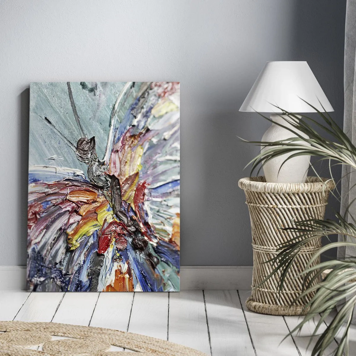 Bild auf Leinwand - Leinwandbild - Bunter Impasto-Schmetterling auf pastellfarbenem Hintergrund - 50x70cm - Von der Natur gemalt - Moderne Wanddekoration für Wohnzimmer und Schlafzimmer ARTTOR