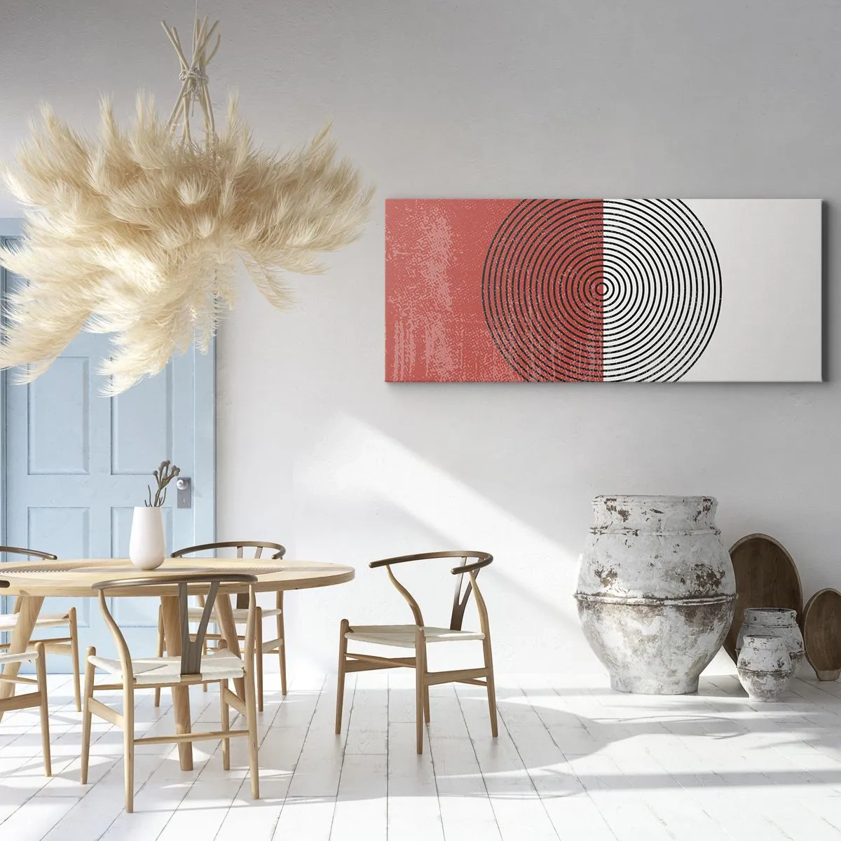 Bild auf Leinwand - Leinwandbild - Geometrisches Muster mit konzentrischen Kreisen auf rot-weißem Hintergrund - 160x50cm - Auf den Punkt gebracht - Moderne Wanddekoration für Wohnzimmer und Schlafzimmer ARTTOR
