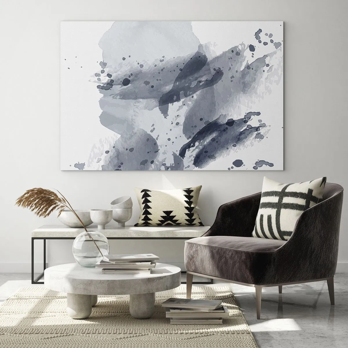 Glasbild - Bild auf glas - Blaugraue Aquarellflecken, die an fließendes Wasser erinnern - 70x50cm - Eine Studie über die Natur des Wassers - Moderne Wanddekoration für Wohnzimmer und Schlafzimmer ARTTOR