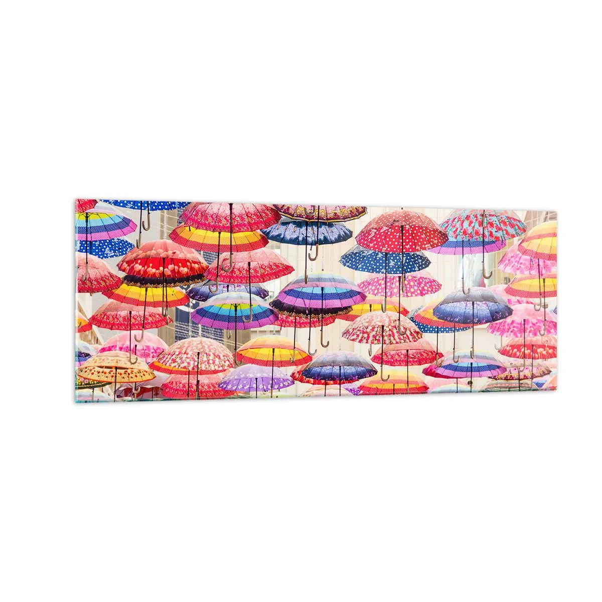 Glasbild - Bild auf glas - Bunte Regenschirme schweben in der Luft - 140x50cm - Stadtwiese - Moderne Wanddekoration für Wohnzimmer und Schlafzimmer ARTTOR