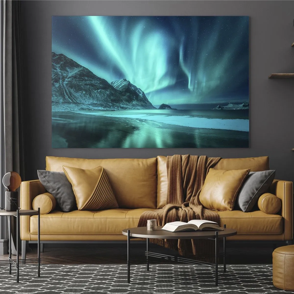 Glasbild - Bild auf glas - Aurora Borealis über einer Berglandschaft und einem gefrorenen Meer - 70x50cm - Wunder des Nordens - Moderne Wanddekoration für Wohnzimmer und Schlafzimmer ARTTOR