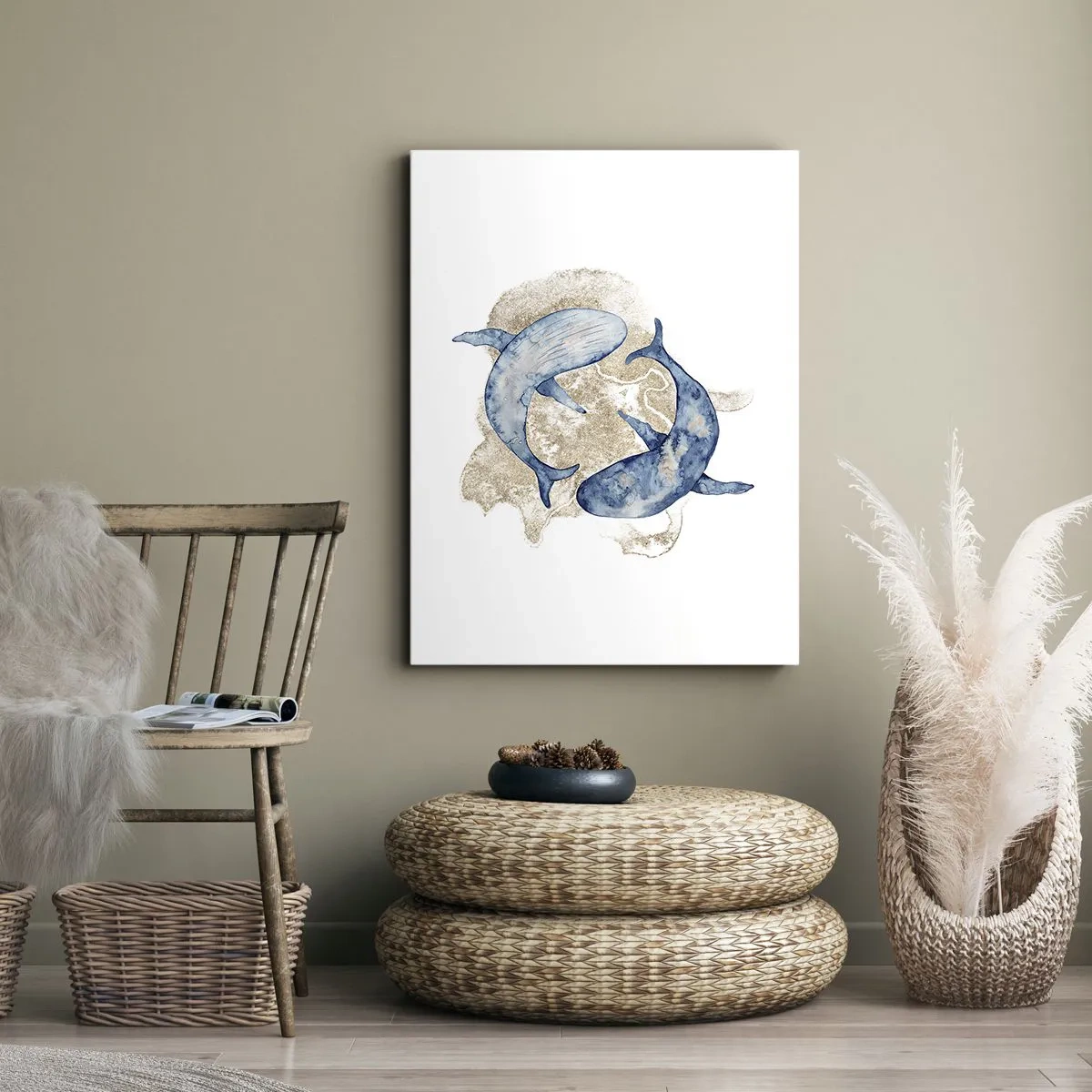 Bild auf Leinwand - Leinwandbild - Abstrakte Blauwale auf hellem Hintergrund - 50x70cm - Freundschaft oder Liebe? - Moderne Wanddekoration für Wohnzimmer und Schlafzimmer ARTTOR