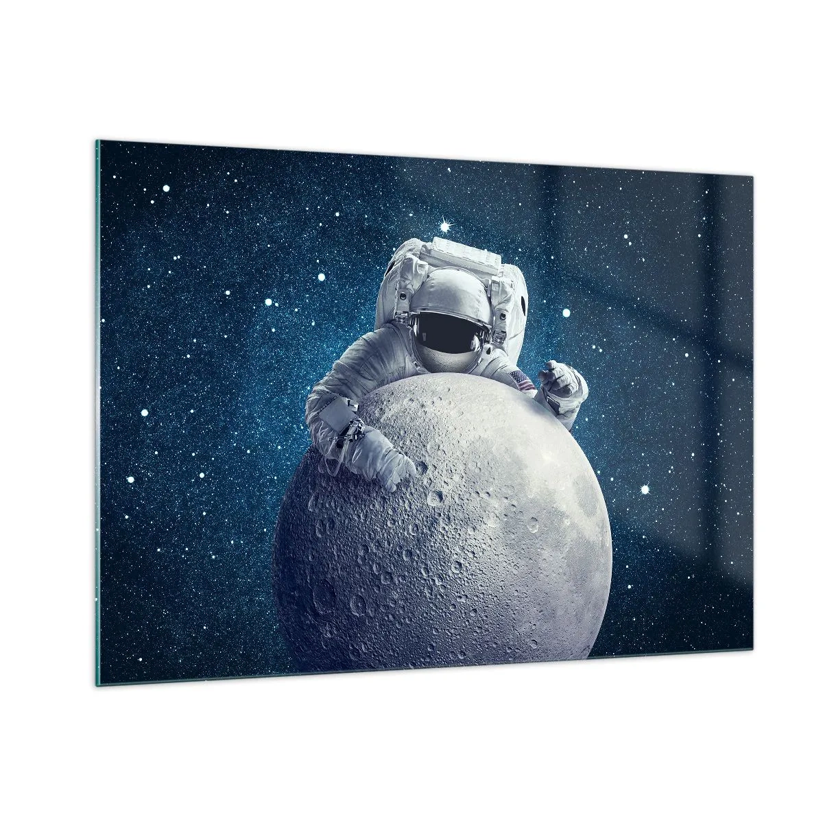 Glasbild - Bild auf glas - Astronaut umarmt den Mond vor einem Sternenhimmel - 100x70cm - Weltraumjoker - Moderne Wanddekoration für Wohnzimmer und Schlafzimmer ARTTOR