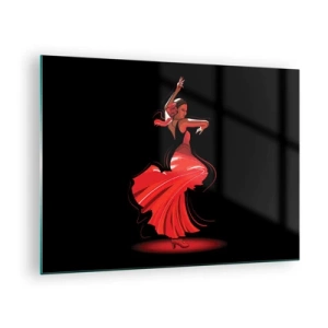 Glasbild - Bild auf glas - Flamenco-Tänzerin in einem roten Kleid vor schwarzem Hintergrund - 70x50cm - Der feurige Geist des Flamenco - Moderne Wanddekoration für Wohnzimmer und Schlafzimmer ARTTOR