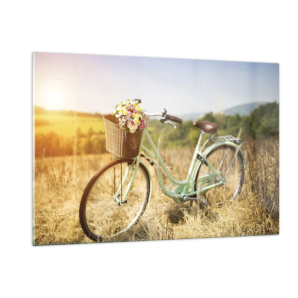 Glasbild - Bild auf glas - Retro-Fahrrad mit Blumen vor einem natürlichen Hintergrund - 120x80cm - Ich bleibe eine Weile hier - Moderne Wanddekoration für Wohnzimmer und Schlafzimmer ARTTOR