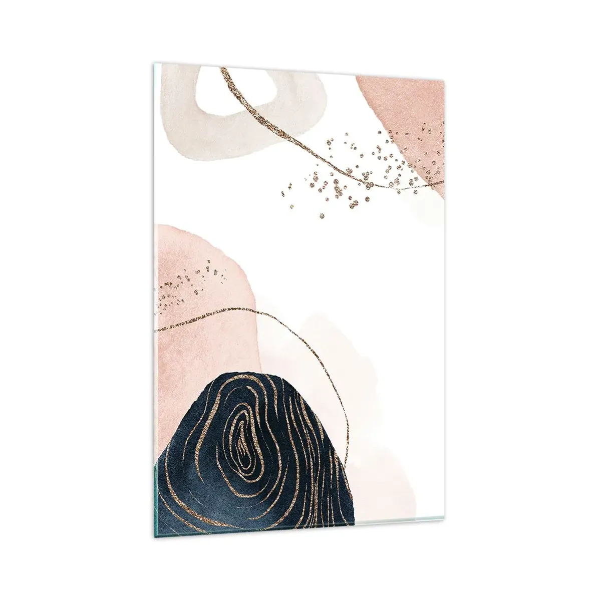 Glasbild - Bild auf glas - Abstrakte Formen in Beige- und Marineblautönen mit goldenen Details - 80x120cm - Alles fließt - Moderne Wanddekoration für Wohnzimmer und Schlafzimmer ARTTOR