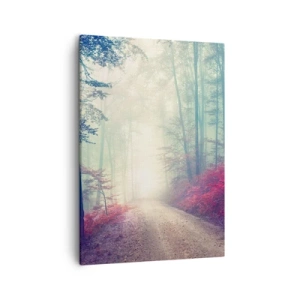 Bild auf Leinwand - Leinwandbild - Ein magischer Waldweg, umgeben von Bäumen und Nebel - 50x70cm - Wie gut ist es, im Morgengrauen aufzustehen - Moderne Wanddekoration für Wohnzimmer und Schlafzimmer ARTTOR