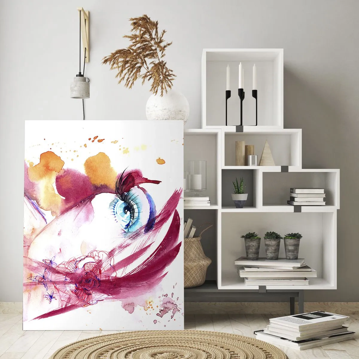 Glasbild - Bild auf glas - Ein abstraktes Gesicht mit ausdrucksstarken Augen und roten Akzenten. - 80x120cm - Die Welt gedeiht in der Nähe - Moderne Wanddekoration für Wohnzimmer und Schlafzimmer ARTTOR