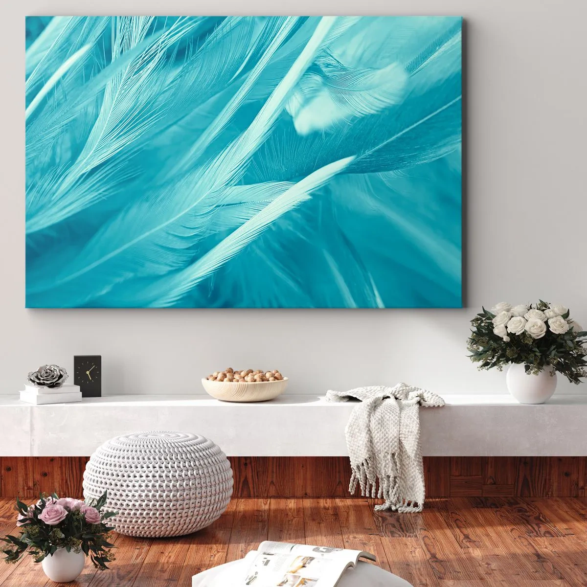 Bild auf Leinwand - Leinwandbild - Zarte türkisfarbene Federn in Nahaufnahme - 100x70cm - In Pulver ertrinken - Moderne Wanddekoration für Wohnzimmer und Schlafzimmer ARTTOR