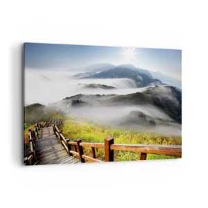 Bild auf Leinwand - Leinwandbild - Ein Holzpfad zwischen den nebligen Bergen am Morgen - 120x80cm - Gewebt aus Lichtschein und Nebel - Moderne Wanddekoration für Wohnzimmer und Schlafzimmer ARTTOR