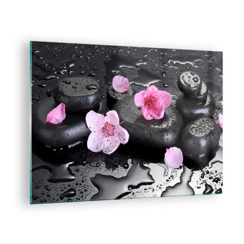 Glasbild - Bild auf glas - Spa-Steine mit Blumen auf nassem Hintergrund - 70x50cm - Und der Stein fällt vom Herzen - Moderne Wanddekoration für Wohnzimmer und Schlafzimmer ARTTOR