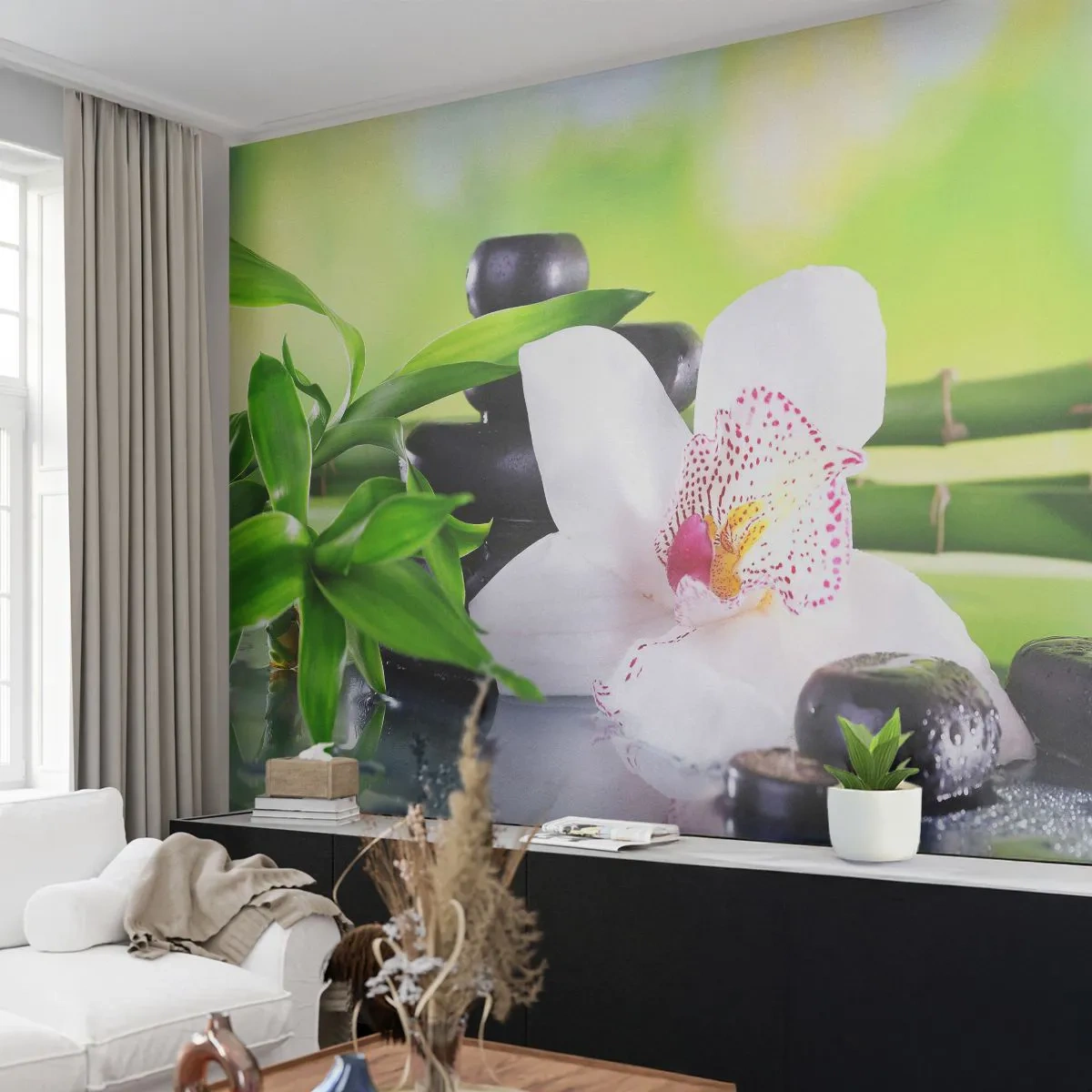 Fototapete Premium Sand - Eine Komposition aus Bambus, Orchideen und Steinen auf dem Wasser - 100x70cm - Kühle Frische - Moderne Wanddekoration für Wohnzimmer und Schlafzimmer ARTTOR