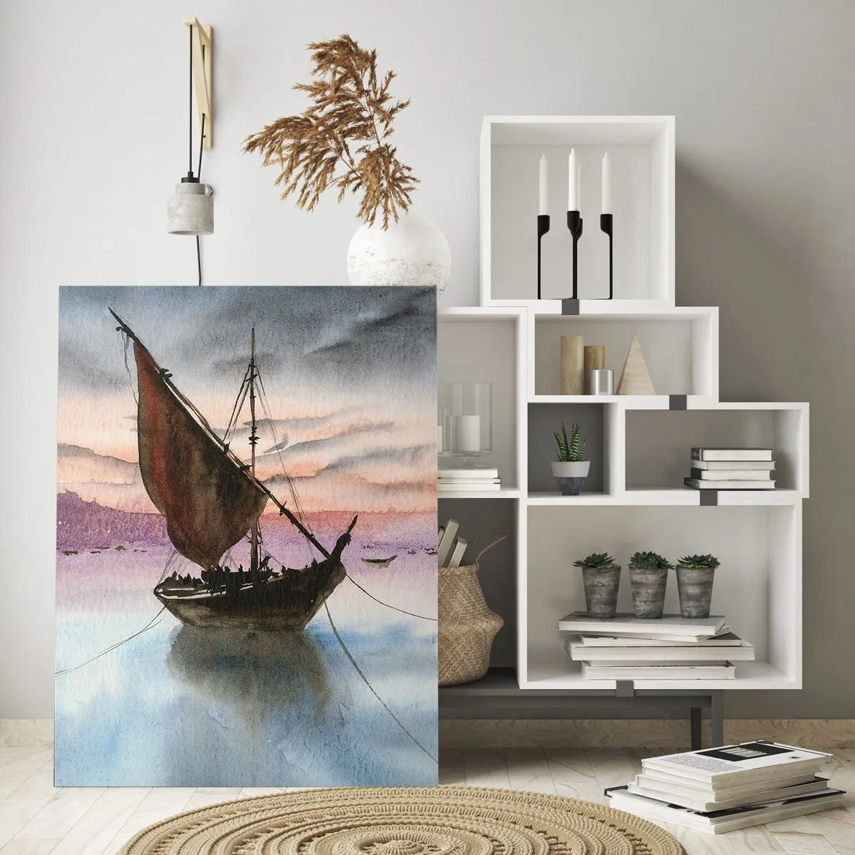 Glasbild - Bild auf glas - Zwei Segelboote auf ruhigem Wasser bei Sonnenuntergang - 50x70cm - Abend am Hafen - Moderne Wanddekoration für Wohnzimmer und Schlafzimmer ARTTOR