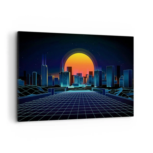 Bild auf Leinwand - Leinwandbild - Futuristische Skyline im Neon-Stil - 120x80cm - Willst du immer noch zu Real gehen? - Moderne Wanddekoration für Wohnzimmer und Schlafzimmer ARTTOR