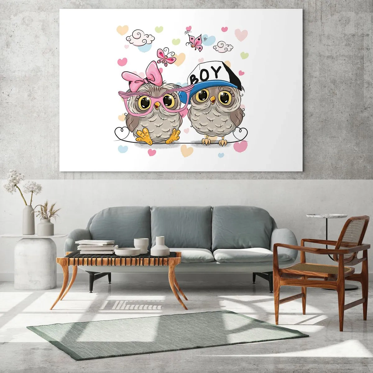 Glasbild - Bild auf glas - Ein Paar fröhlicher Eulen in einer Pastellkomposition - 100x70cm - Lass uns Liebe machen! - Moderne Wanddekoration für Wohnzimmer und Schlafzimmer ARTTOR