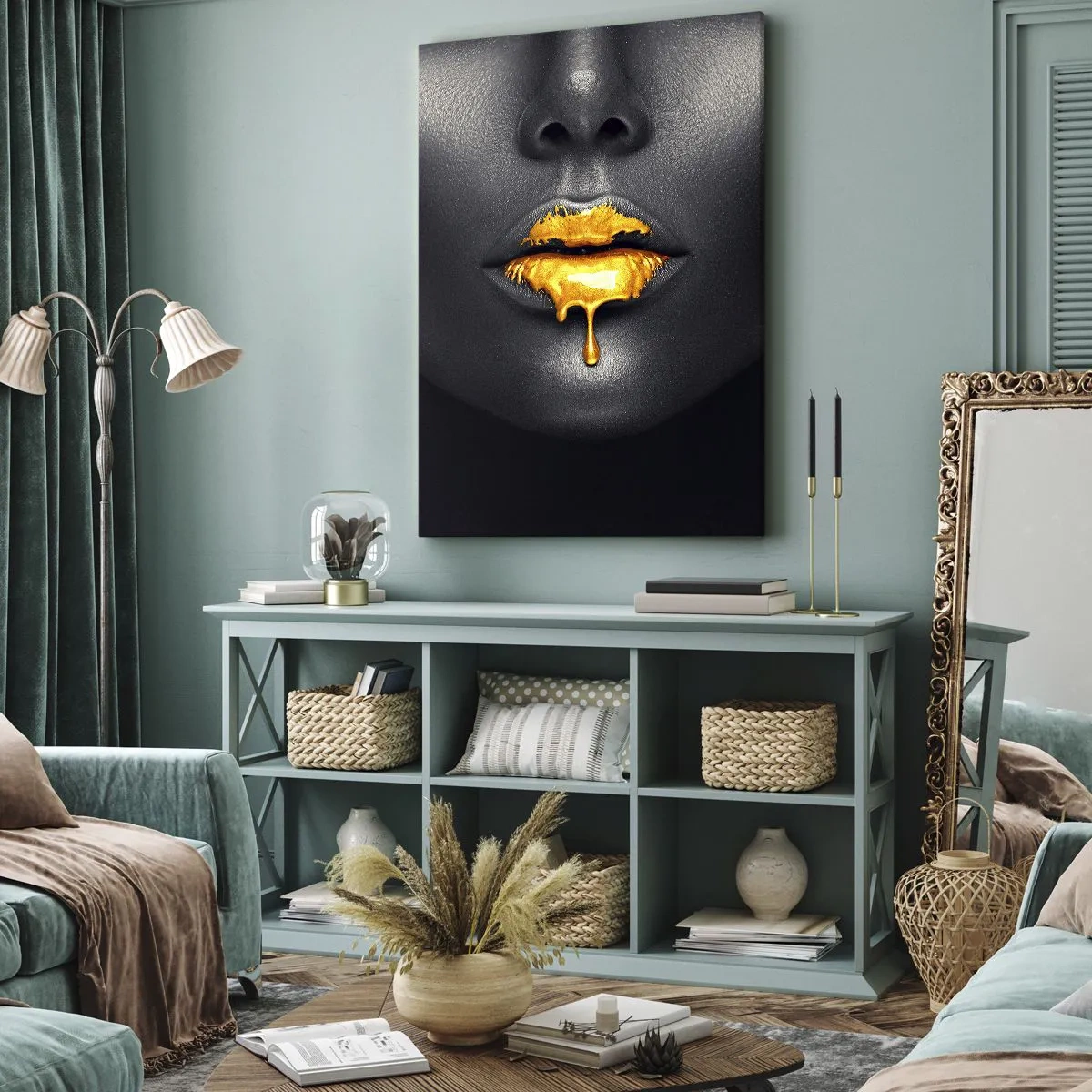 Bild auf Leinwand - Leinwandbild - Schwarz-goldenes Porträt einer Frau mit einem Tropfen Gold auf den Lippen - 50x70cm - Goldmaul - Moderne Wanddekoration für Wohnzimmer und Schlafzimmer ARTTOR