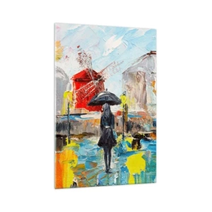 Glasbild - Bild auf glas - Eine malerische Szene mit einem Regenschirm vor der Kulisse von Paris in leuchtenden Farben. - 70x100cm - Pariser Legenden - Moderne Wanddekoration für Wohnzimmer und Schlafzimmer ARTTOR